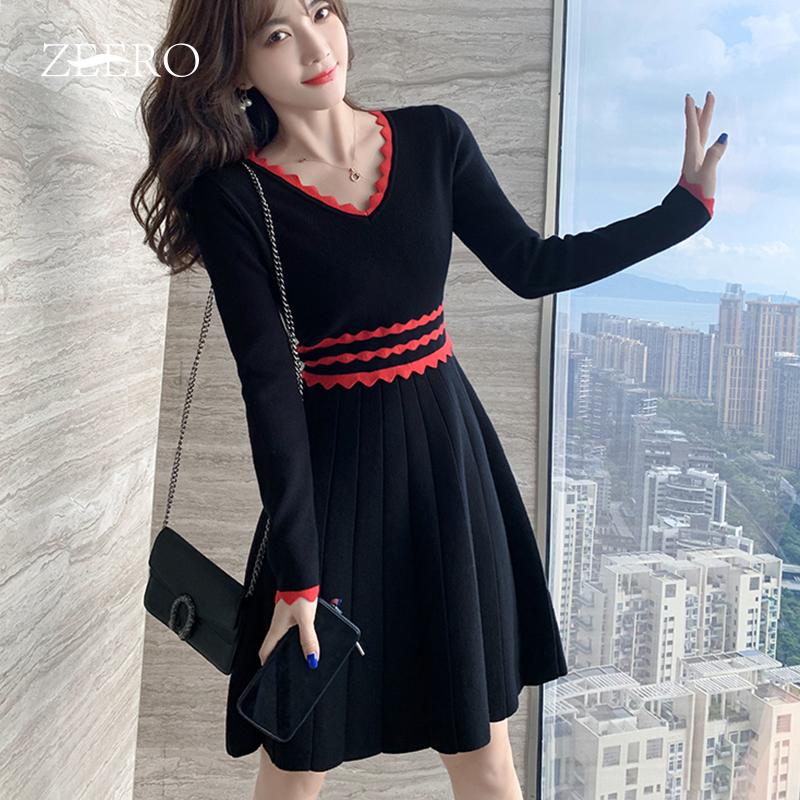 

Autumn Winter Female Fashion Black Knitting High Elasticity Base Warm Dress Women Red Wavy Edge Long Sleeve High Waist Dresses