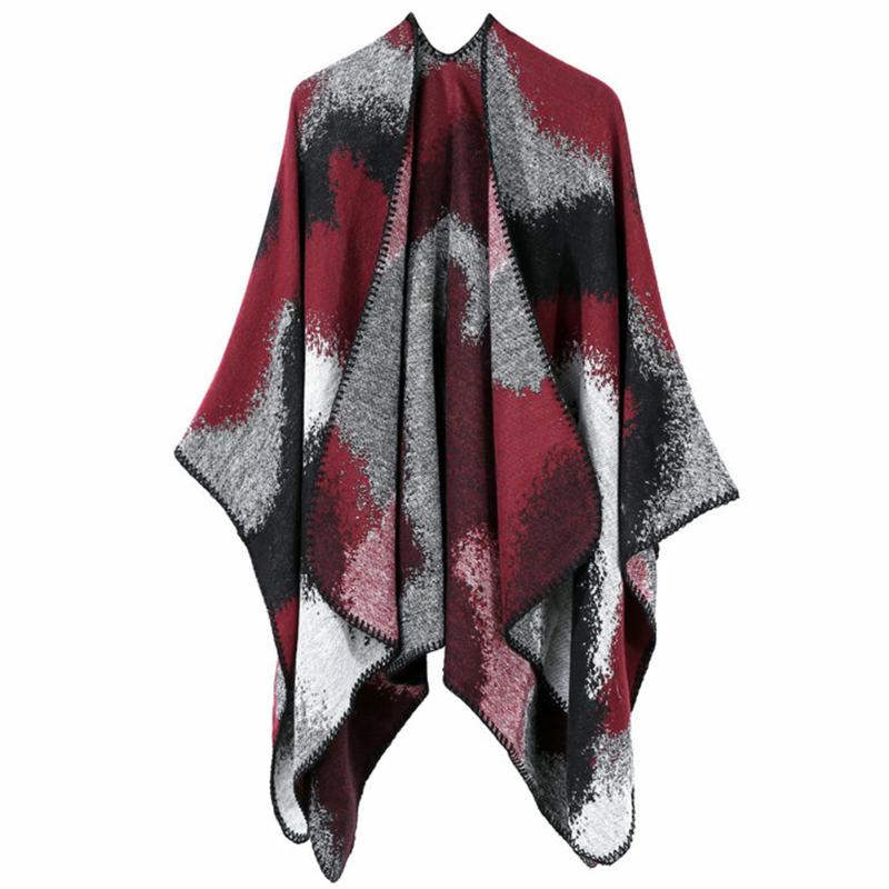 

Fashion Women Cape Front Open Wrap Artificial Fleece Color Block Winter Cloak Keep Warm Casual Elegant Poncho Autumn Daily