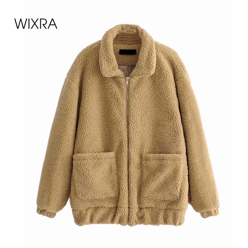 

Wixra Womens Casual Khaki Coat Ladies Zipper Outwear Jacket Loose Lamb Wool Street Style Overcoat Autumn Winter