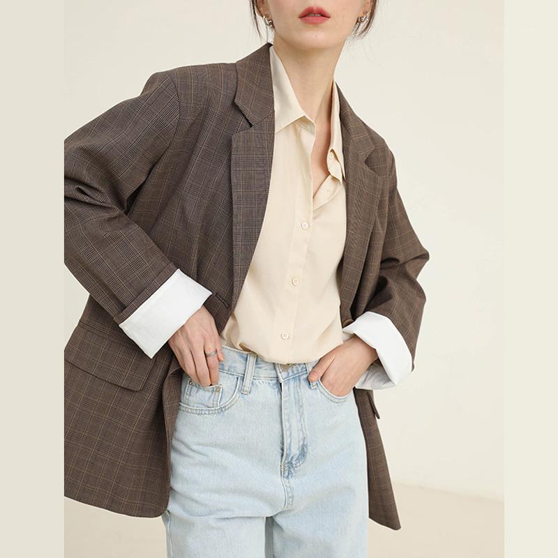 

Ellacey Plaid Suit Jacket Female Korean Spring New Retro Casual Loose Lattice Blazer Coat Vintage Plaid Blazer Women1, Black