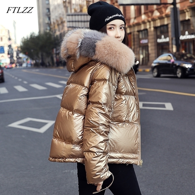 

FTLZZ Winter Jacket Women White Duck Down Jacket Big Aritificial Fur Outwear Waterproof Loose Coat Thick Warm Down Parka 201125, Pink