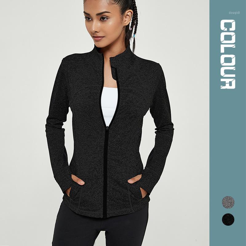 

Slim Yoga Shirts Fitness Clothes Pocket Stand Collar Sports Jacket Elastic Zipper Autumn and Winter Long Sleeve Tight Jacket1, Black