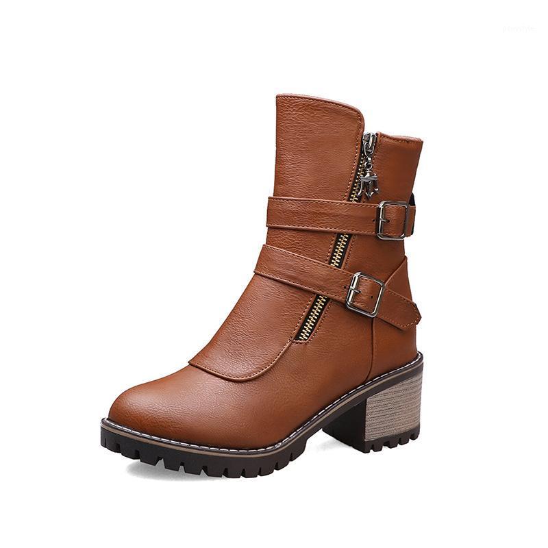 

Autumn round toe ankle boots fashion buckle zipper brown black grey platform thick high heel motorcycle boots women's shoes1