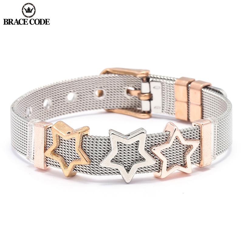

BRACE CODE Jewelry Double color Mesh Keeper Bracelets With Crystal Star Slide Charms Pandoro Bracelets for Women Gift