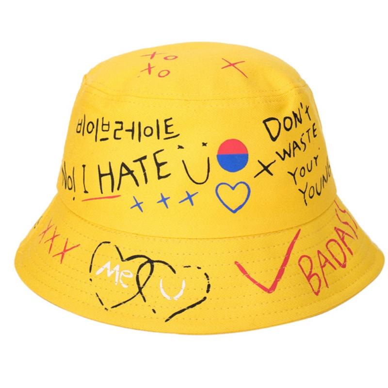 

Men Women Summer Harajuku Cotton Bucket Hat Letters Heart Graffiti Printed Hip Hop Skateboard Sunscreen Fisherman Cap
