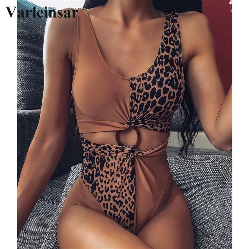 

New Brown Leopard Splicing Sexy High Cut Women Swimwear One Piece Swimsuit Female Bather Bathing Suit Swim Wear Beach V1742 Y200319