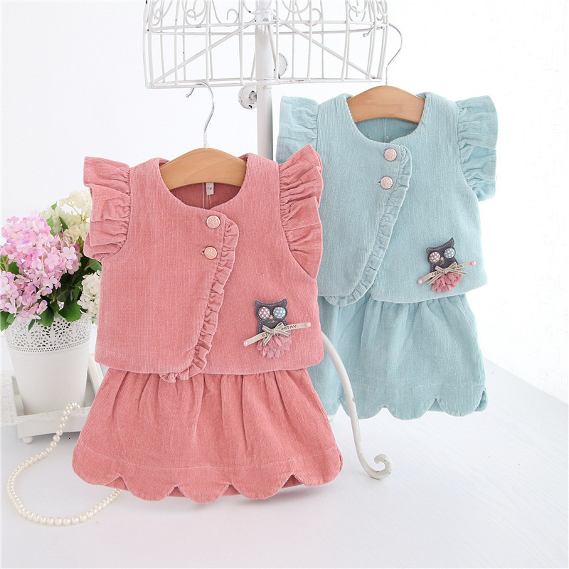 

2021 New Idea Fish Baby Girls 2pcs Clothing Sets Autumn Winter Corduroy Ruffle Tops+skirt Newborn Christmas Clothes with Cat 0-2t 0c2b, Sky blue