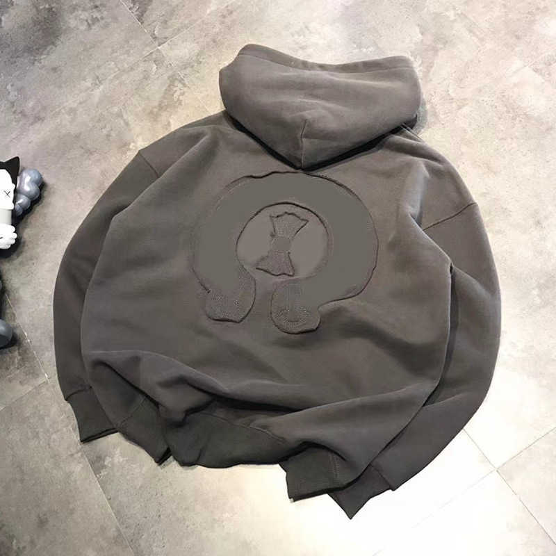 

Winter new fashion brand plush sweater cro warm horseshoe flower Sanskrit paste cloth hooded casual Hoodie for men and women, Iron gray