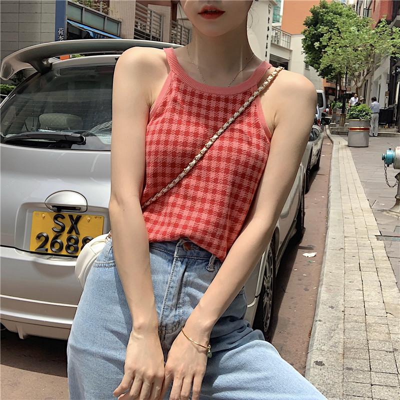 

Summer New Korean Style Halter Neckline Knitting Tank Top Slim Fit Slimming Women High Street Red Sleeveless Plaid Vest 7082