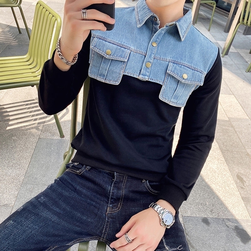

Autumn Men's Hoodies British Sudaderas Hombre Streetwear Korean Style Solid Color Slim Fit Stitching Denim Trendy Men Sweatshirt 201128, White