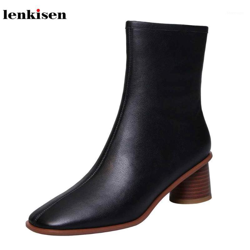 

Lenkisen genuine leather solid simple style high heels square toe fashion office lady winter keep warm women ankle boots L171, Beige