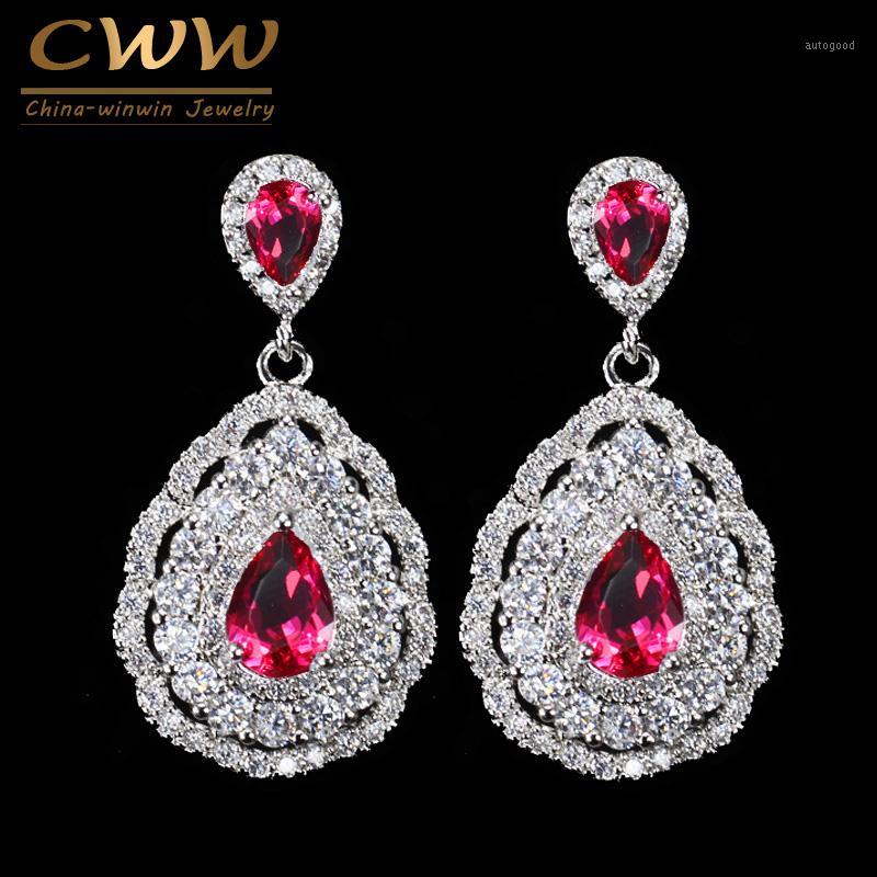 

Dangle & Chandelier CWWZircons 3 Layers Cubic Zirconia Stone Rose Red Water Drop Crystal High Quality Earring For Women Wedding Bridal Jewel