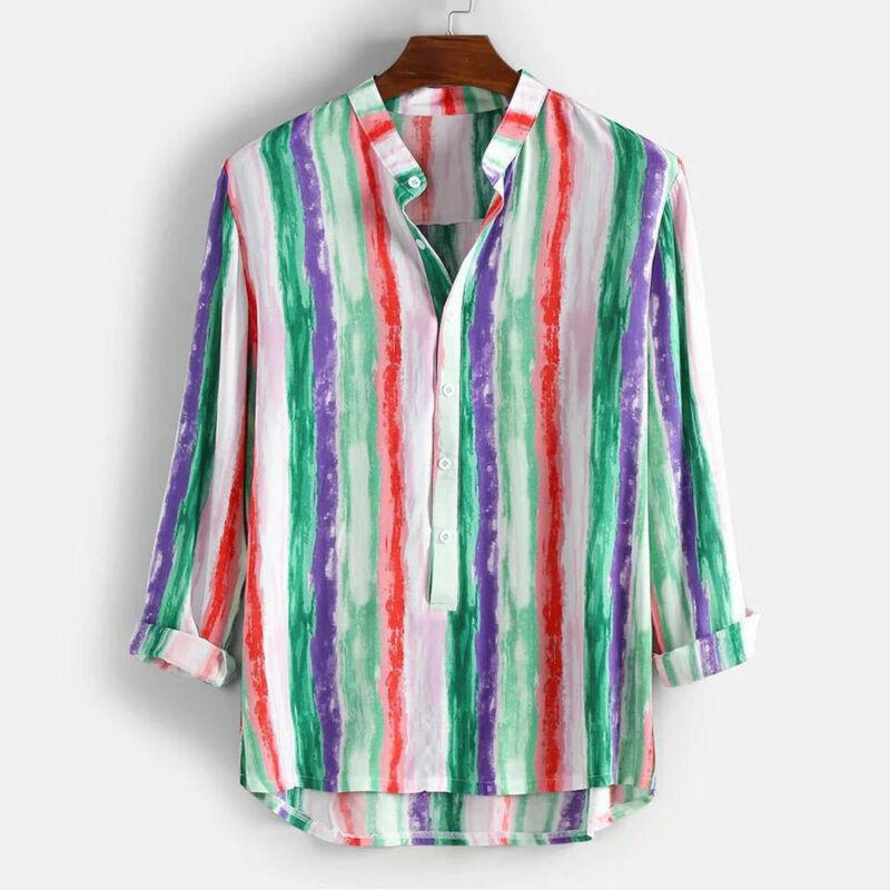 

2020 Leisure Men's V-Neck Long Sleeve Fashion Shirt Male Rainbow Striped Pattern Casual Shirt NEW Plus Size