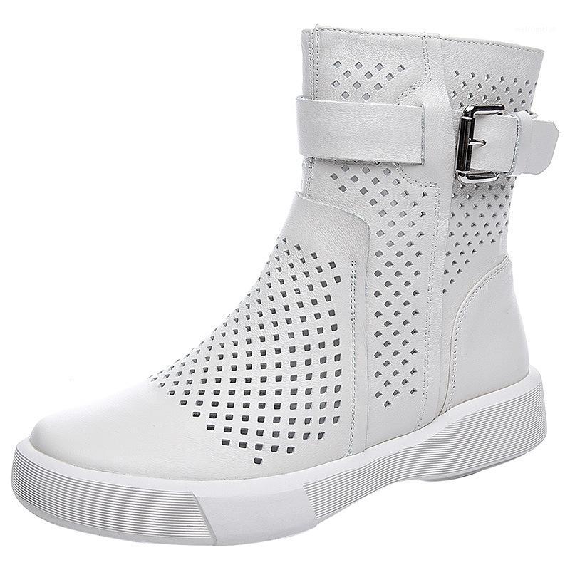 

Sandals Women's Leather 2020 Spring Summer New Hollow Breathable Soft Leather Casual Boots Flat Bottom High Help Hole Cool Boots1, Black