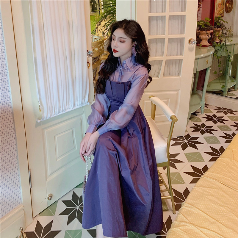 

2021 New Portrait 2 Assembly Piece for Korean Women Sheer Shirt Two Garments Purple Corset Dress Defines Height Party Clothes Q12K, Only shirt