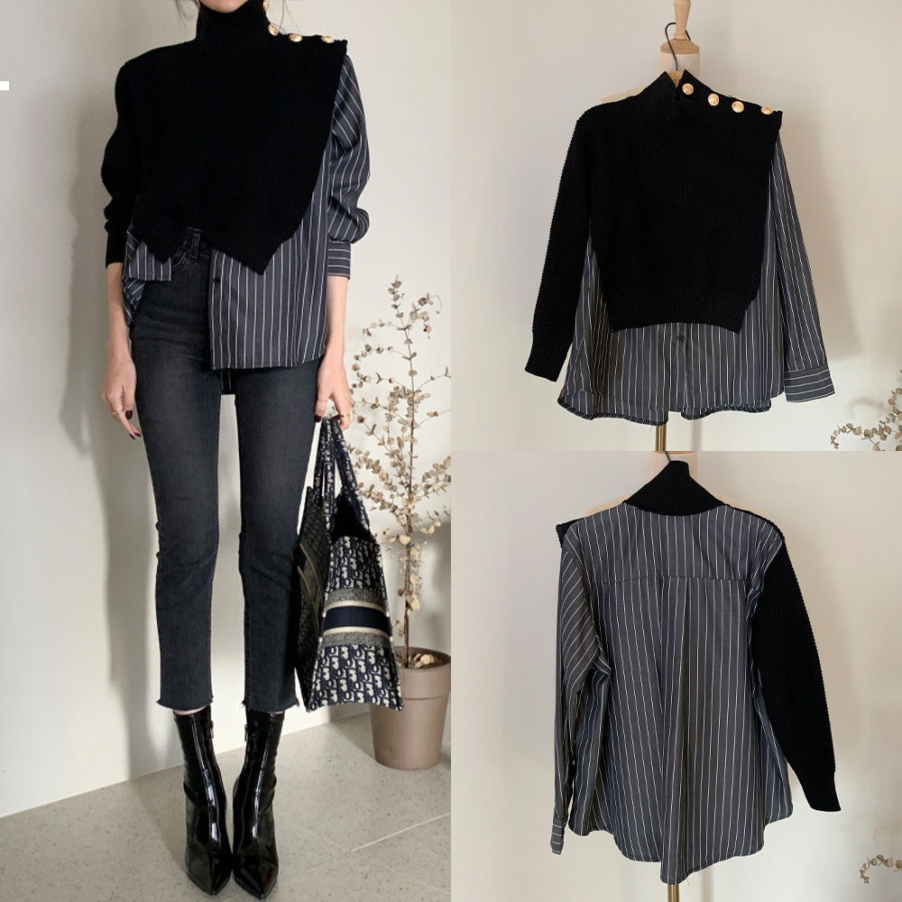 

New Fancy 2021 Mesh Design Faux Shirt Two Pieces High Female Turtleneck Top 8vhw UTUV, Blue stripe.