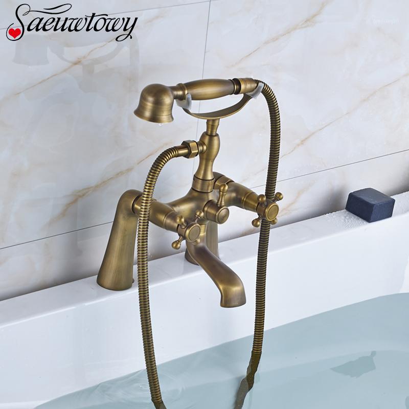 

Antique Brass Bathroom Bathtub Faucet Hand Shower Spray Hot And Cold Water Mixing Set Deck Mount Telephone Style Shower Set1