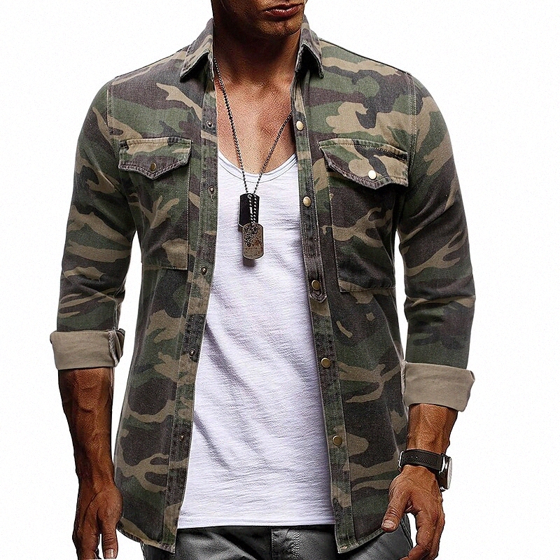 Men's Shirt Camo / Camouflage Collar Button Down Collar Street Causal Long Sleeve Tops Denim Basic Elegant Casual Daily Army Green F7Io#