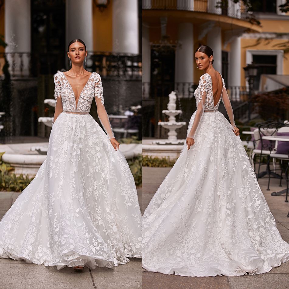

Luxury A-Line Wedding Dresses V Neck Long Sleeves Appliques Lace Beading Bridal Gowns Custom Made Backless Sweep Train Wedding Dress, Pink