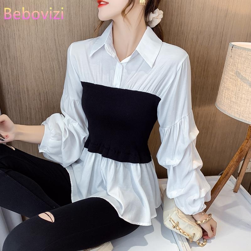 

Knit Stitching Shirt Top Slim Waist Women Fall Spring Long Sleeve White Office Lady Blouse