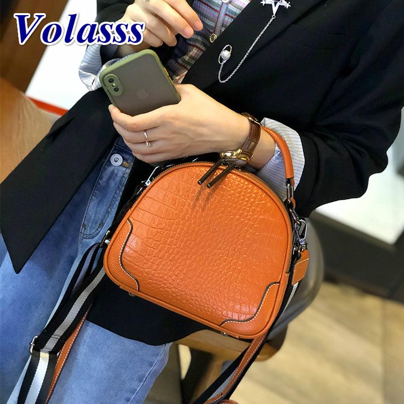 

Volasss Women Shoulder Bags For Woman Crocodile Pattern Messenger Bags Small Round Female Genuine Leather Handbag Bolsos Mujer, Black