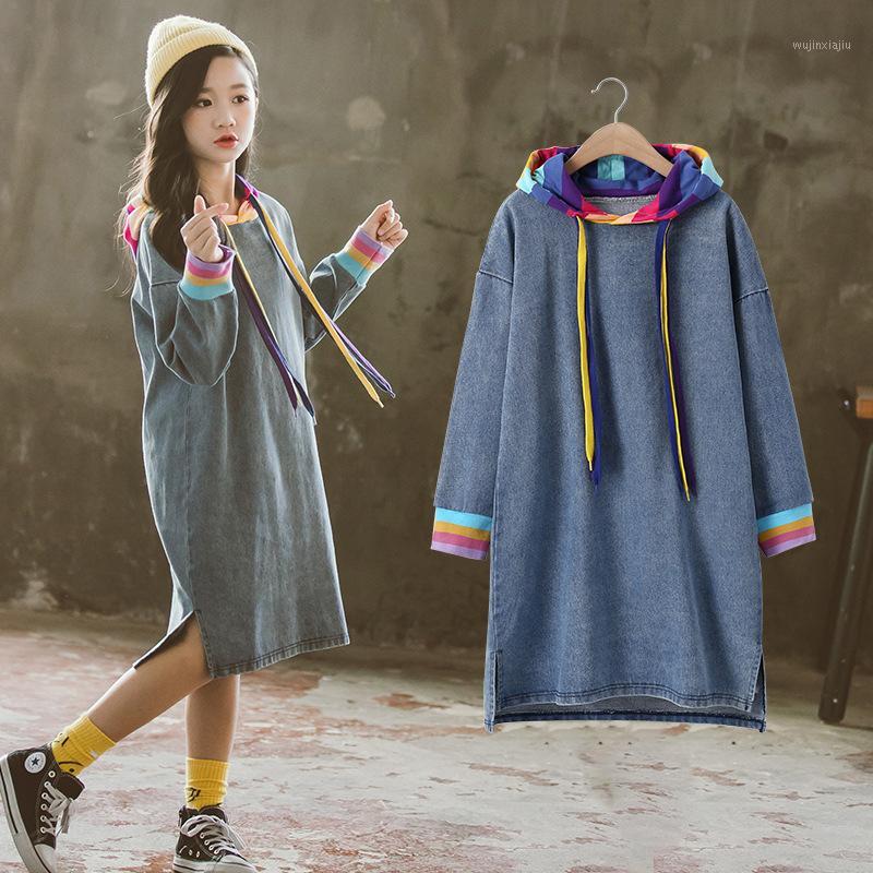 

2020 New Girls Jeans Dress for Autumn Outerwear Kids Long Sleeve Denim Tshirt Drese Rainbow Clothes Fall Tees Children Clothing1, Blue
