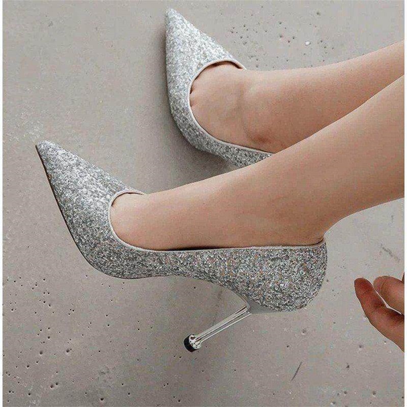 

Crystal bridal shoes 2020 autumn new all-match sequined high-heeled women's singles pointed toe shallow stilettos, Gold