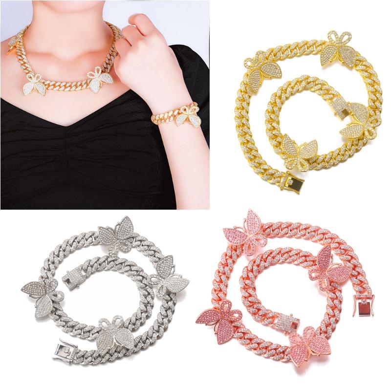 

12mm Miami Cuban Link Chain Butterfly Rappers Necklace Cubic Zirconic Choker Chain with Removable Butterfly Charm 20inch