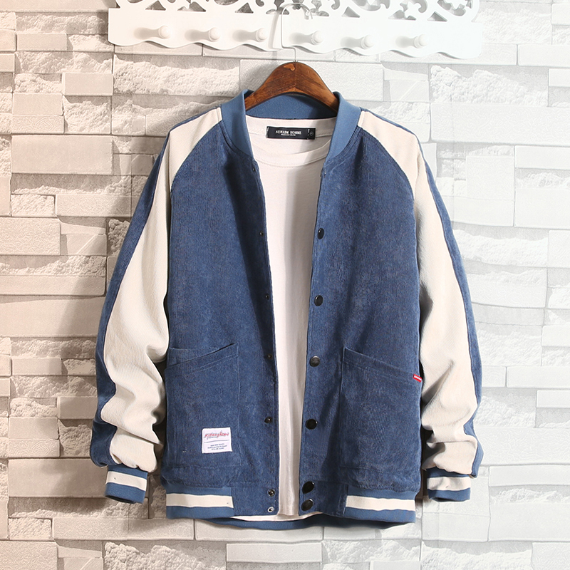 

Corduroy Baseball Jackets Man INS 2019 spring new Men Patchwork Windbreaker Male Korean Fashion Autumn Jackets Coats, Blue(asian size)