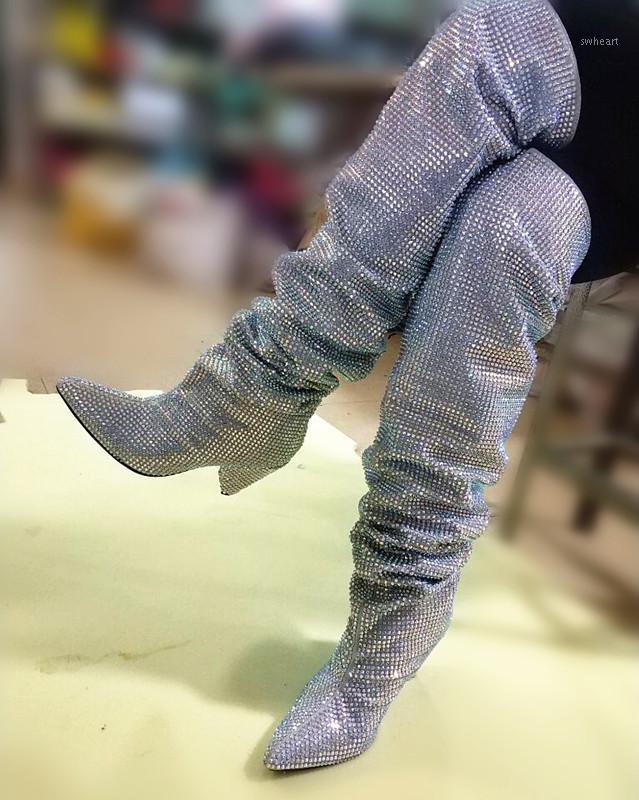 

2020 New Arrival Women Thigh High Boots Full Crystal Pointed Toe Spike Heel Over the Knee Winter Autumn Rhinestone Boots1, Black multi crystal