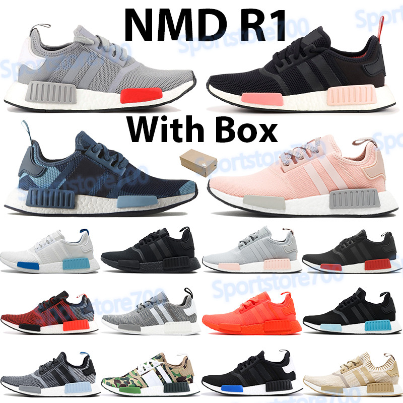 

2021 Mens running shoes NMD R1 sports sneakers blanch blue glow europe exclusive triple black solar red white raw pink cheap trainers box, Double box