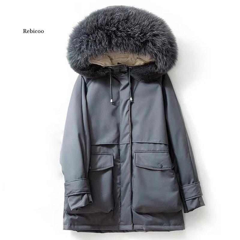 

Winter Women' Down Jacket Large Fur Hooded White Duck Down Parkas Warm Sash Thick Snow Coat And Jackets Female, Beige