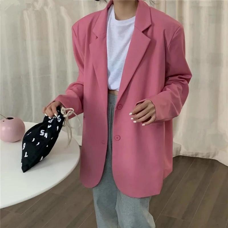 

2021 Autumn New Women Blazers Coat Korean Causal Solid Suit Jacket Long Sleeve Notched Collar Blazer, Pink