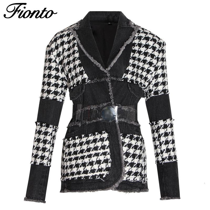 

Fionto 2020 Fashion Trend Houndstooth Woolen Denim Stitching Small Suit Jacket Female Personality Coat, As the picture