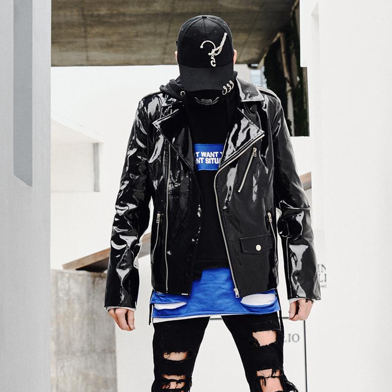 

Men Leather Jacket Punk Hip Hop Casual Motorcycle Jacket Overcoat Male Streetwear Coat Stage Show Customes Mens Clothes1, Black