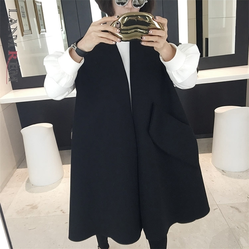 

LANMREM autumn New Fashion Casual Women jacket Loose Plus Sleeveless Large Pocket Wool Coat TC172 201210, Black