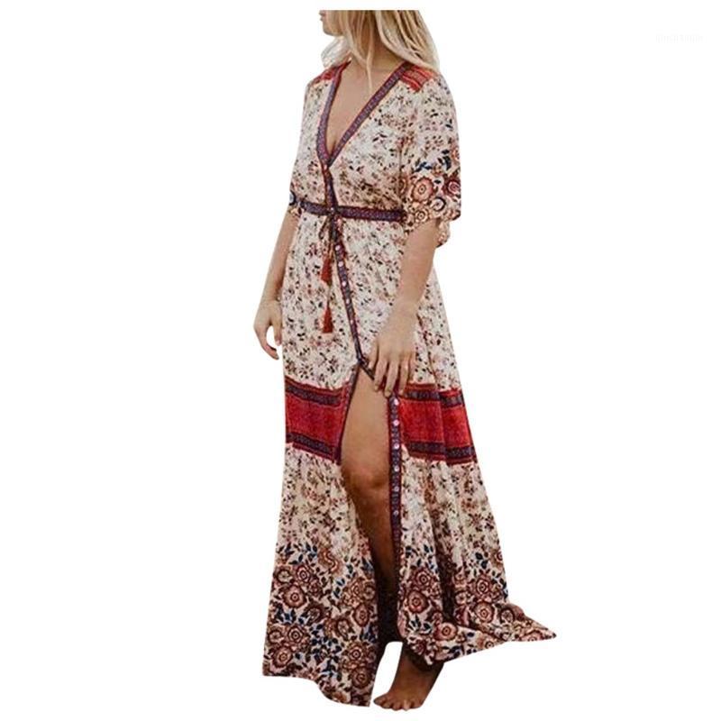 

SAGACE Fashion Women's Dress Bohemian Gypsy Print casual dresses for women V-Neck Three Quarter Sleeve Maxi Dress Women beach1