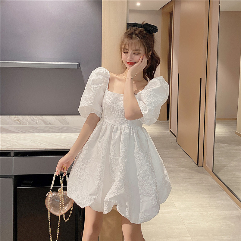 

2021 Women's New Fashion Summer Sweet Puff Ball High Sleeve Elegant Puffy Waist Short Dress with No White Pink Back 1WX5