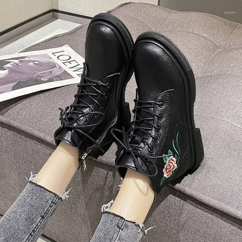 

Women Motorcyle Boots White Riding Lace Up Flower Print Ankle Boot Equestrian Platform Female Shoe 2021 Autumn botas mujer 8728C1, Beige