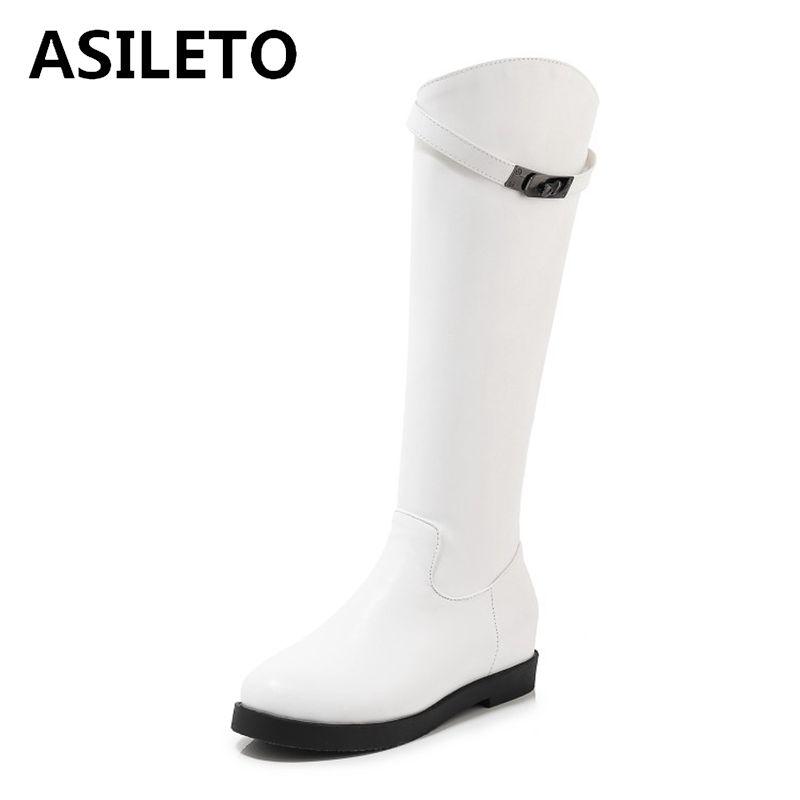 

ASILETO Round Toe Low Heel Warm Knee-High Faux leather Snow Boots Zipper Big Size 32-43 Black Bukle Outdoor Winter Increased