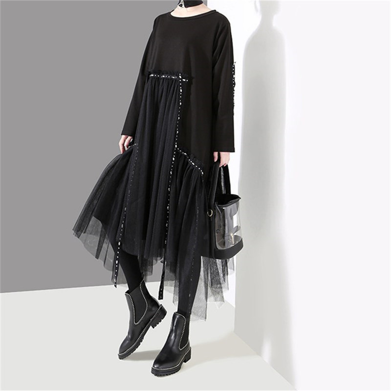 

2021 Women Black Plus Gothic Style Long Sleeves Rivets Mesh the Line in Autumn New Spring Ribbon Released Punk Street Dressed KEKE
