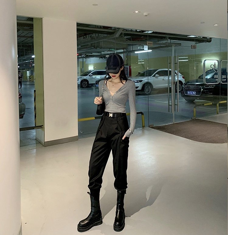 

women new design cargo pants with belts fashion women casual long pants black khaki cool streetwear with pockets size  l xl -4, Black;white