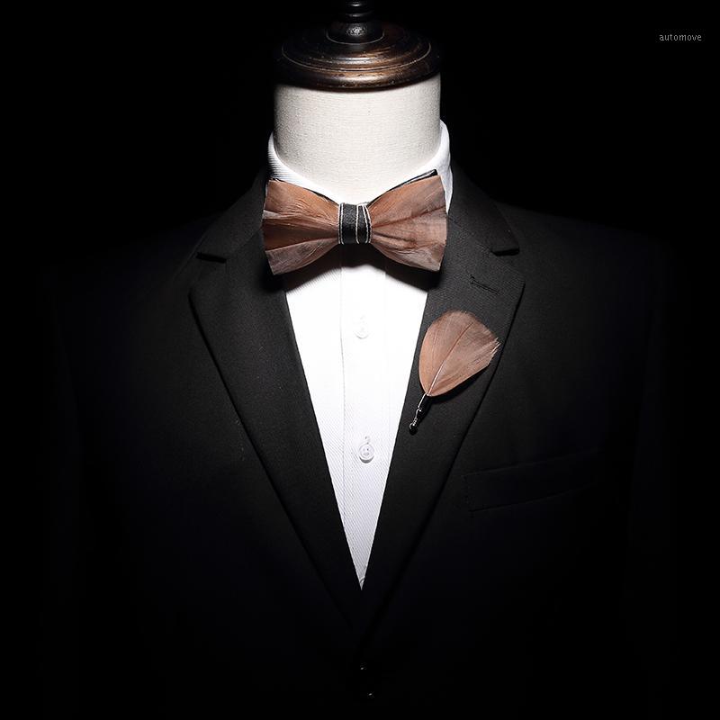 

Free shipping new fashion men's male Handmade natural feathers 13 color solid color women bow tie brooch set wedding groom party1