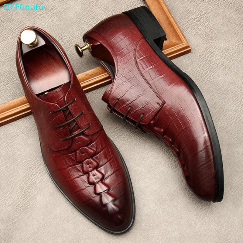 

Genuine Leather Crocodile Pattern Men Business Dress Classic Style Black Wine Red Lace Up Pointed Toe Shoes For Men Oxford Shoes