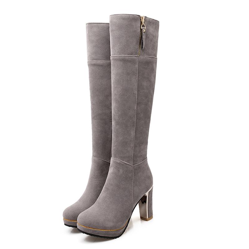

Lucyever 2020 Winter Short Plush Super Warm Women Boots Fashion Side Zipper Knee High Boots Faux Suede Thich Heel Shoes Woman, Beige