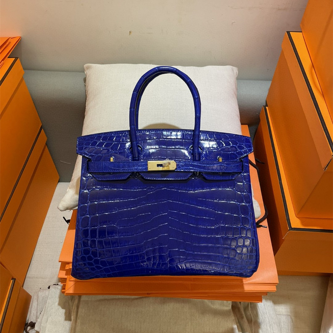 

25cm Designers totes real Shinny crocodile skin blue color luxury bag Brand handbag fully handmade quality wax line stitching wholesale price