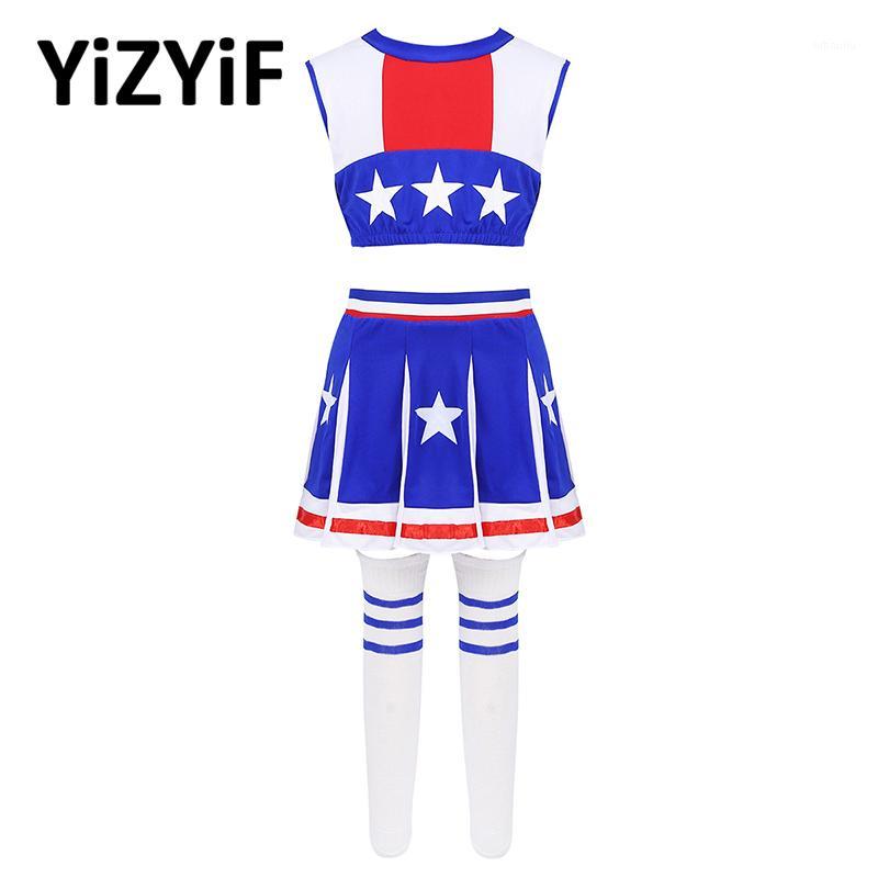 

Cheerleader Costume Kids Girls Ballet Jazz dance costume Rave Outfit Sleeveless Stars Printed Crop Top with Mini Skirt Socks1