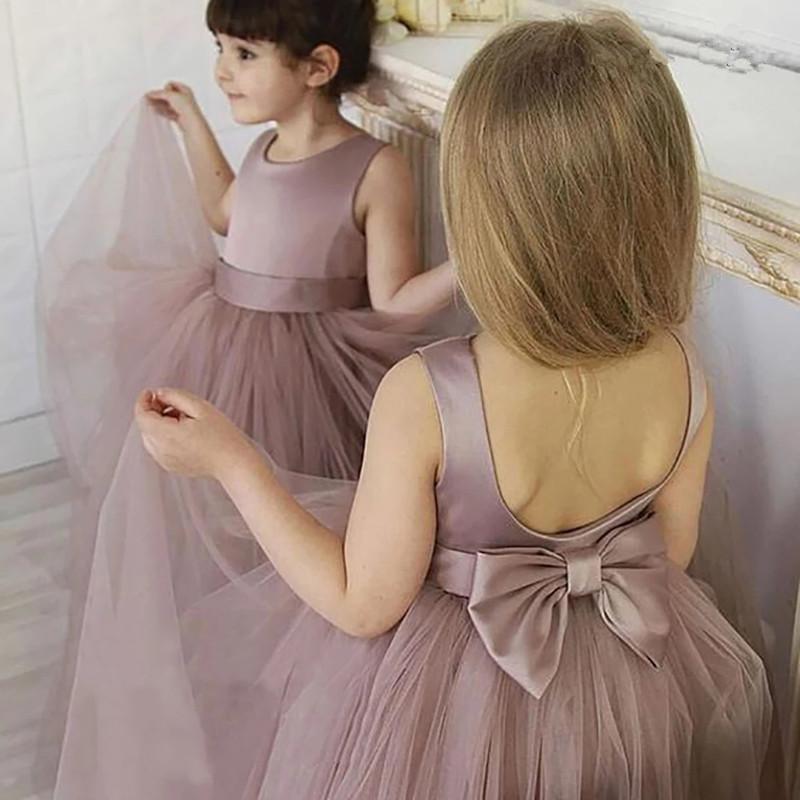 

Cute Bow Sashes Flower Girl Dresses Top Satin Pleated Tulle A-Line Celebrity Dress Solid Color Simple Prom Party Gowns, Custom color