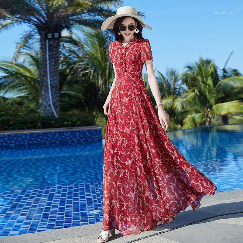 

2020 New Summer Women Casual Floral Printed Long Dress Office Ladies Retro Puff Sleeve Big Swing Pleated Maxi Dress Vestidos T171, Photo color
