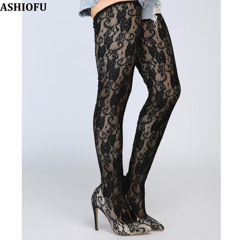 

ASHIOFU Handmade Womens High Heel Pumps Lace-leather Thigh High Club Party Prom Dress Shoes Evening Sexy Fashion Court Shoes, As pic